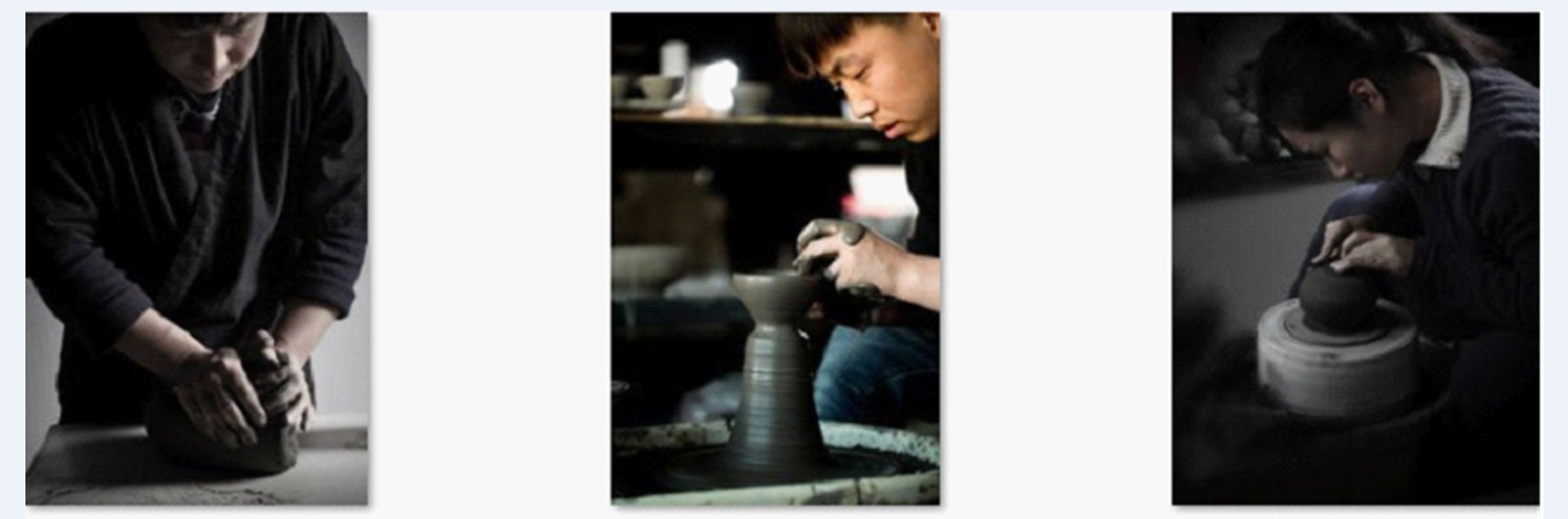 大宋定窯的匠人們展示揉泥、拉坯、修坯這三道工序