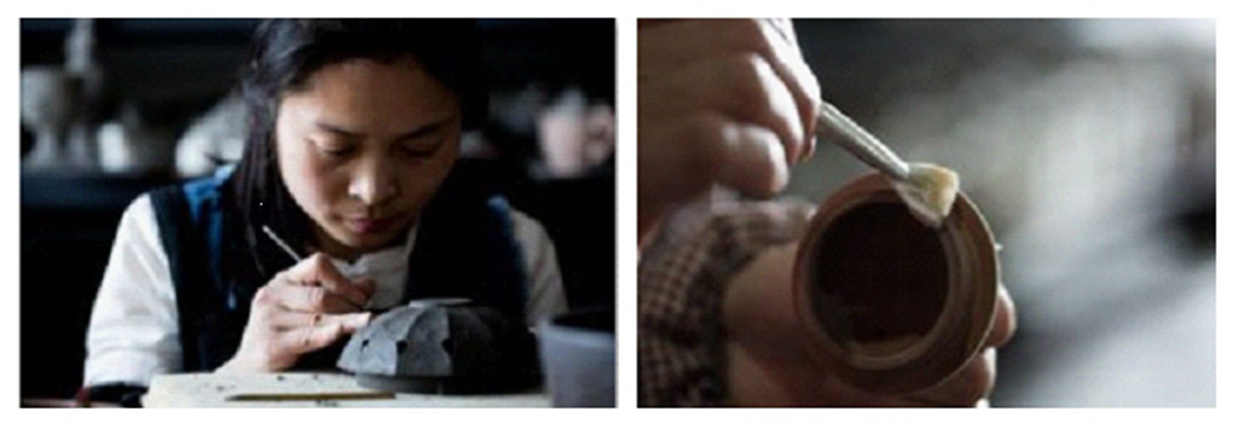 大宋定窯的手工匠人正在為定瓷茶器刻花、上釉